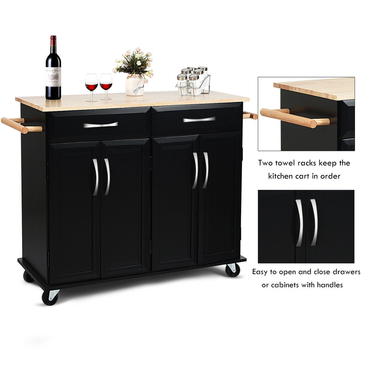 CASAINC Black Wood Base with Wood Top Rolling Kitchen Cart 25 in ...