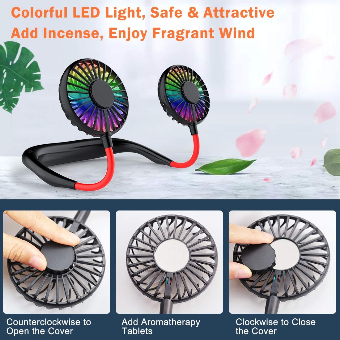 Hands-Free Band Fan with Light Mini Portable Hanging Fans USB Rechargeable Battery Operated Dual Wind Head Summer Air Cooler,Green No Light