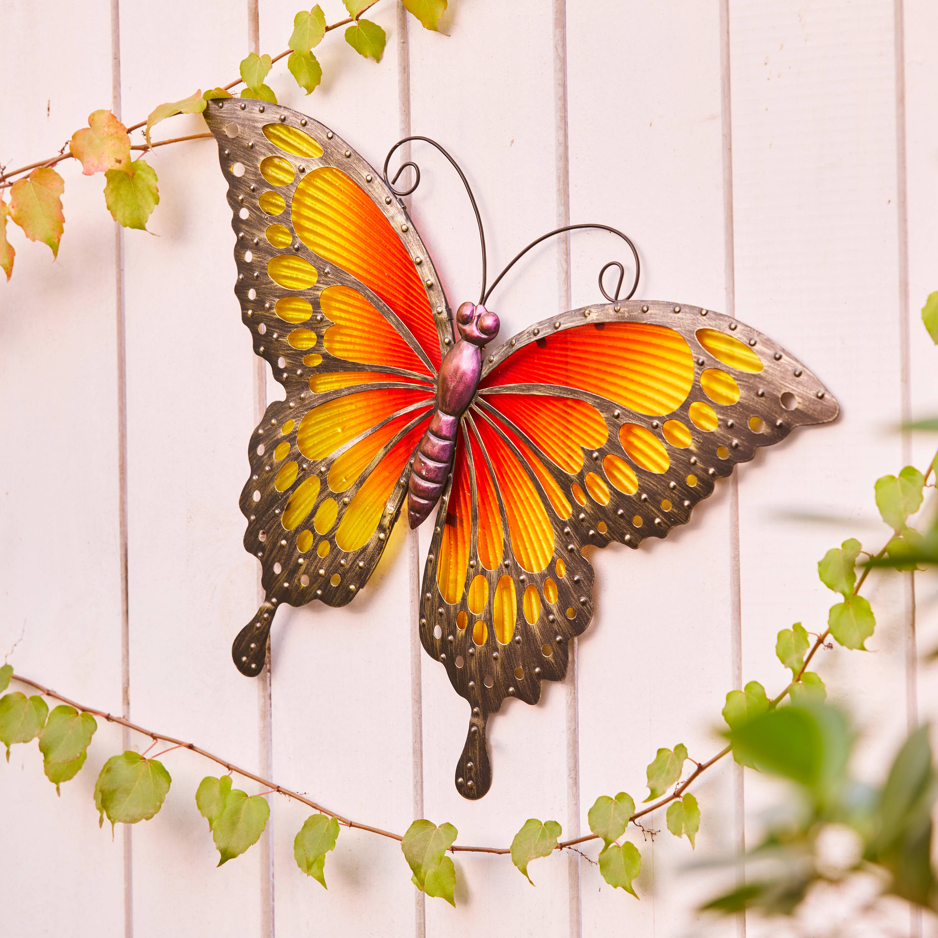 Garden Lawn Yard Decoration Bird Orange Butterfly metal and glass NEW 39" tall 