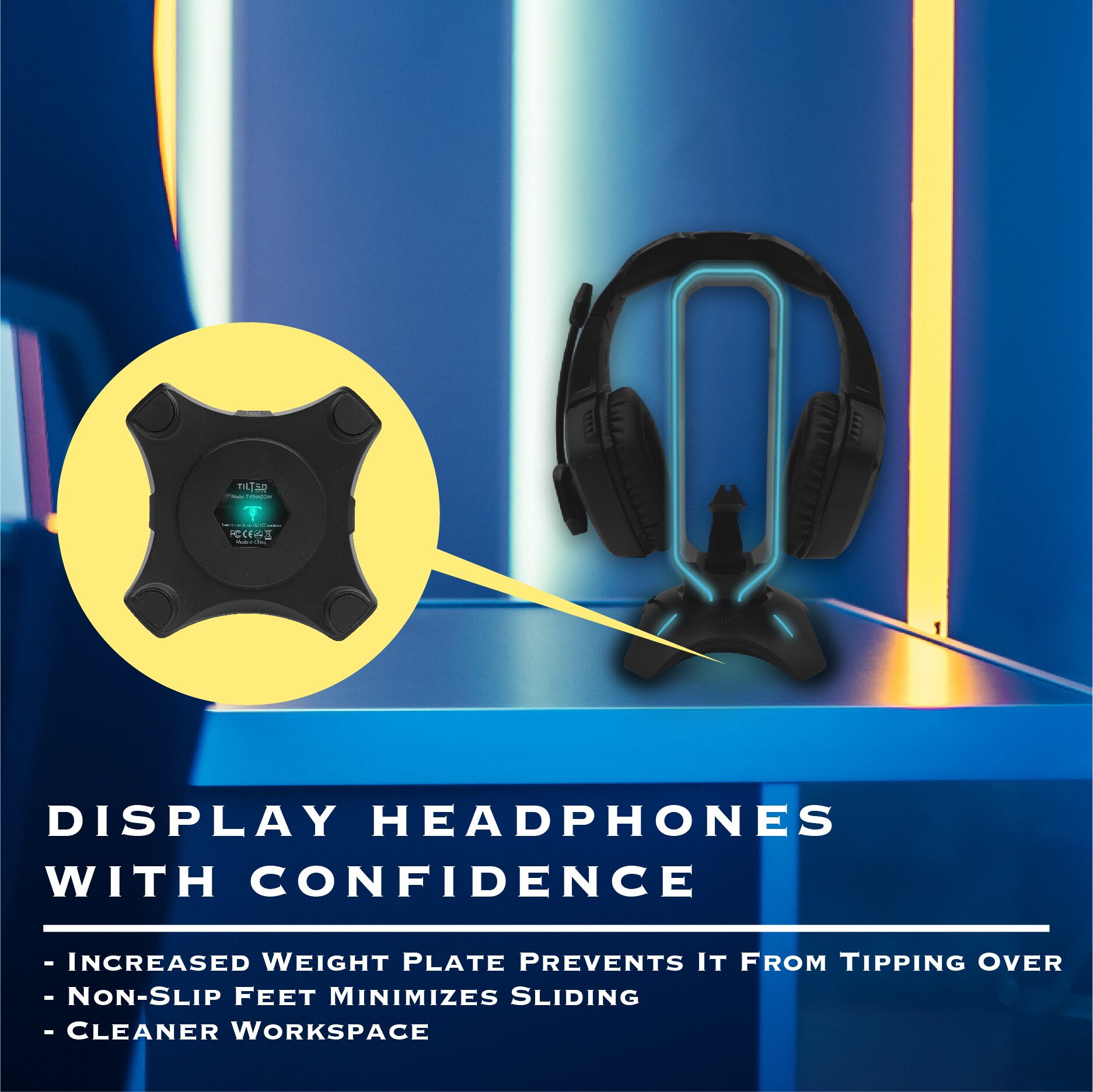 Macally Tilted Nation RGB Headset Stand and Gaming Headphone Display with  Mouse Bungee Cord Holder with USB 3.0 HUB for Wired or Wireless Headsets  for 