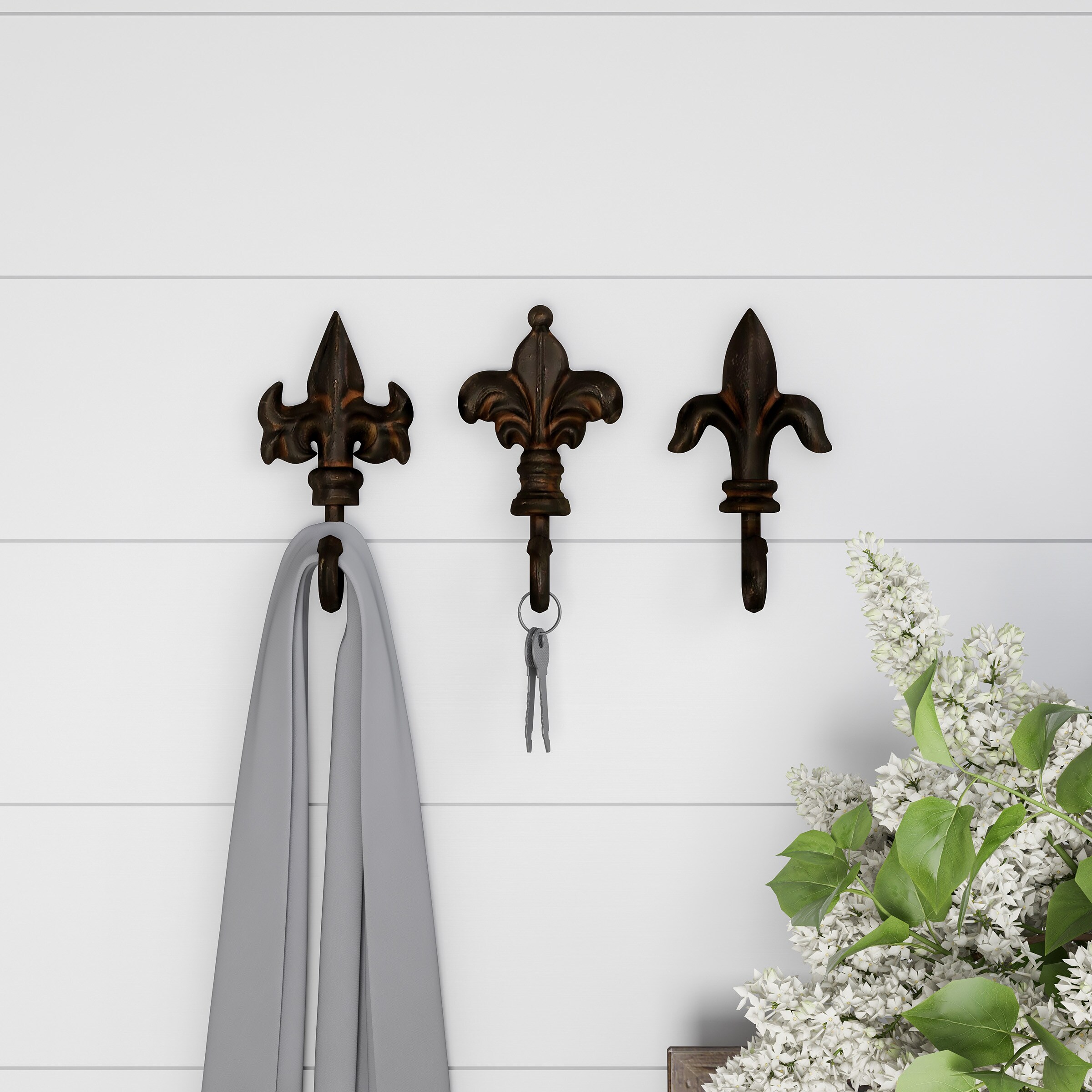 Comfify Set of 3 Cast Iron Fleur De Lis Double Wall Hooks/Hangers with Screws and Anchors CA-1504-30-BR Decorative Wall Mounted Coat Hook Rustic Cast Iron 
