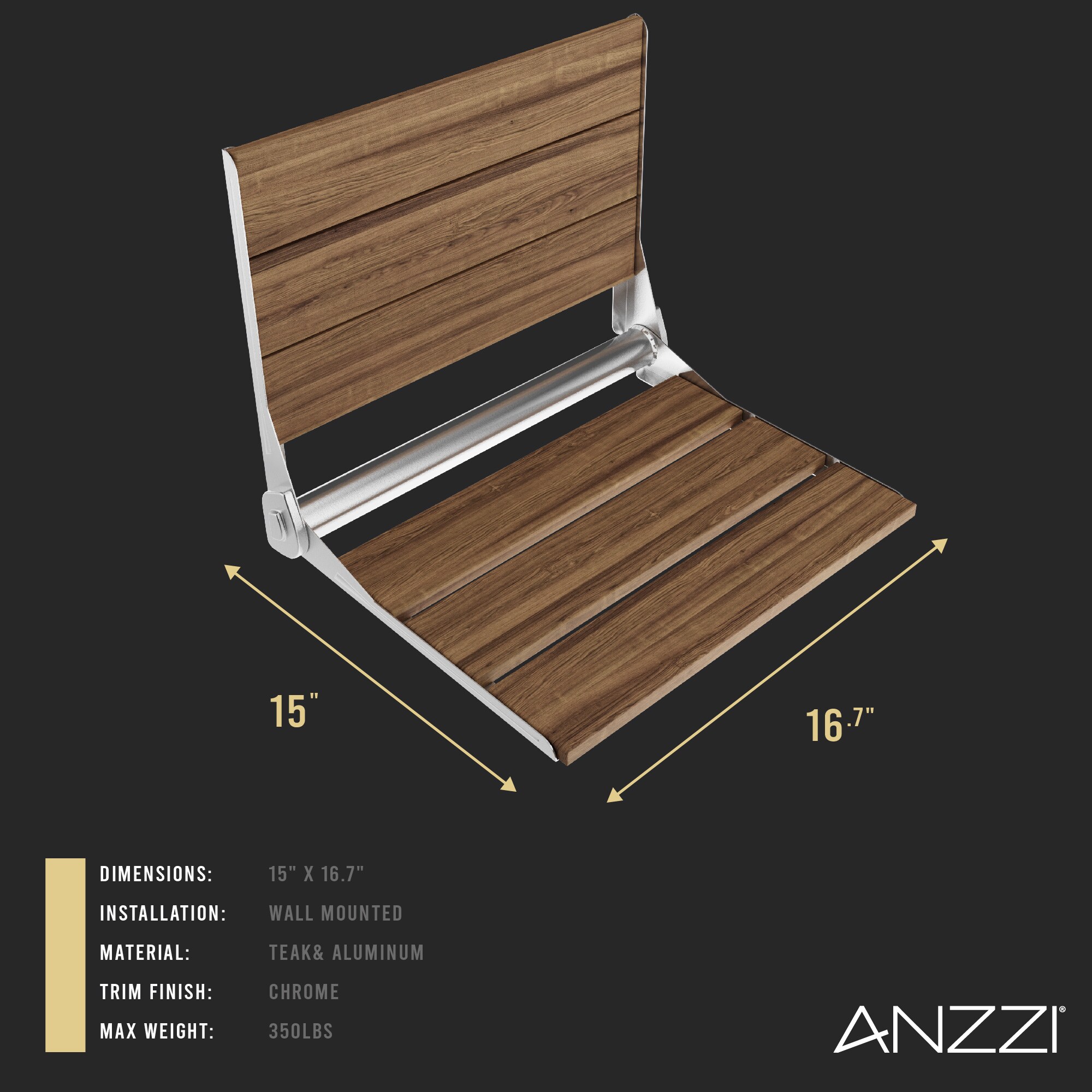 ANZZI Teak with Polished Chrome Hardware Wood Wall Mount Shower Seat (Ada Compliant)