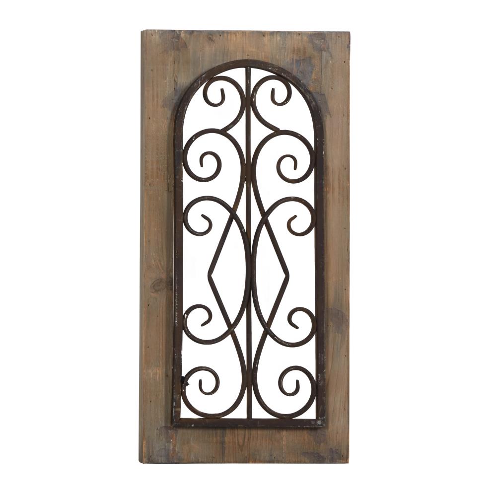 14" x 36" Brown Wooden Arch Window with Metal Scrollwork 