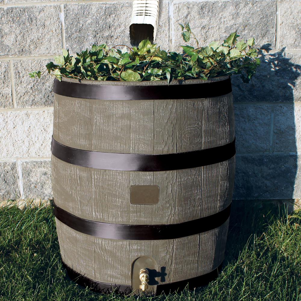 50 Gal Brown Durable Whiskey Rain Barrel Built In Large Planter UV Stable Built 
