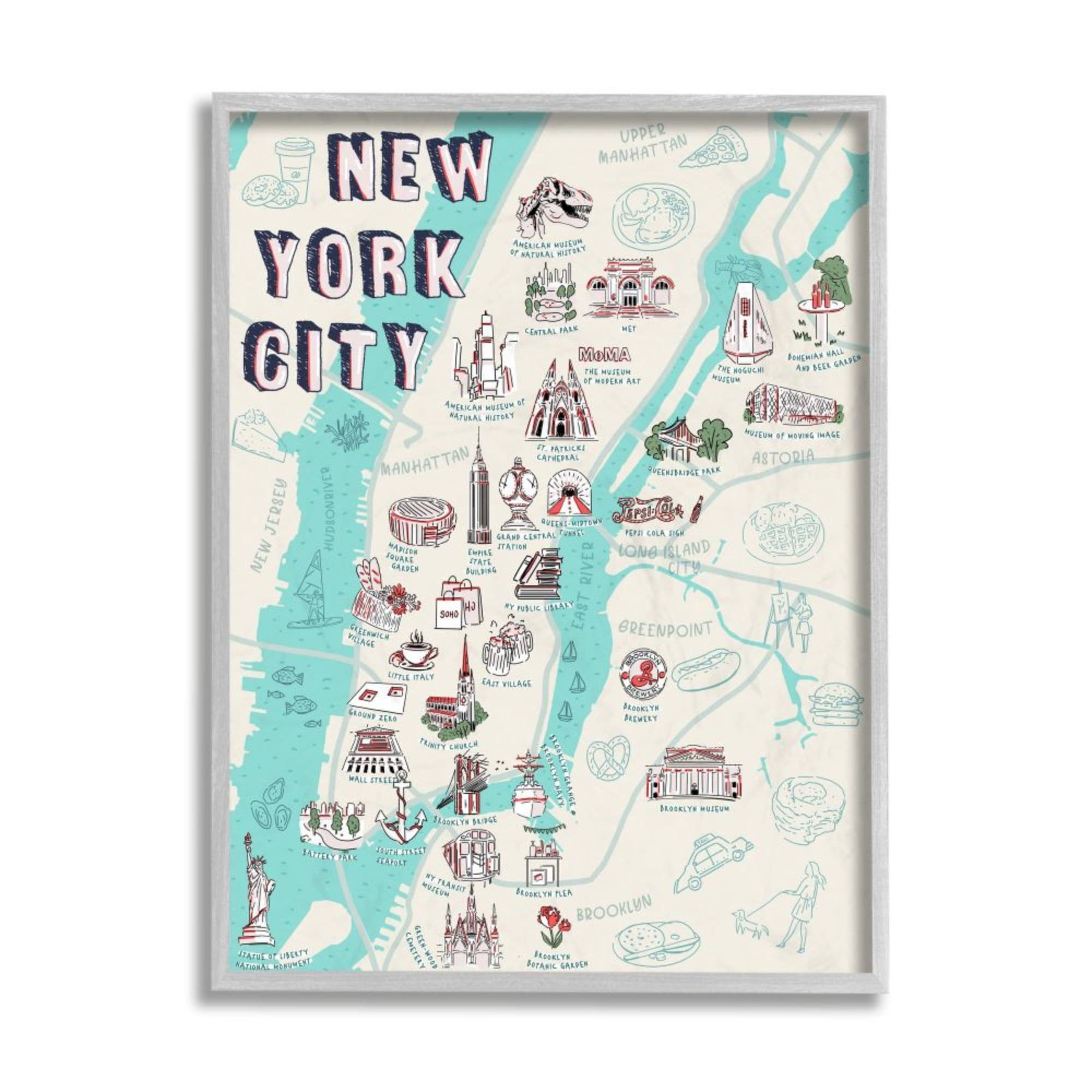 Stupell Industries Stupell Industries New York City Landmark Map Local  Tourist Attractions Gray Farmhouse Rustic Framed Giclee Texturized Art by  Ziwei 