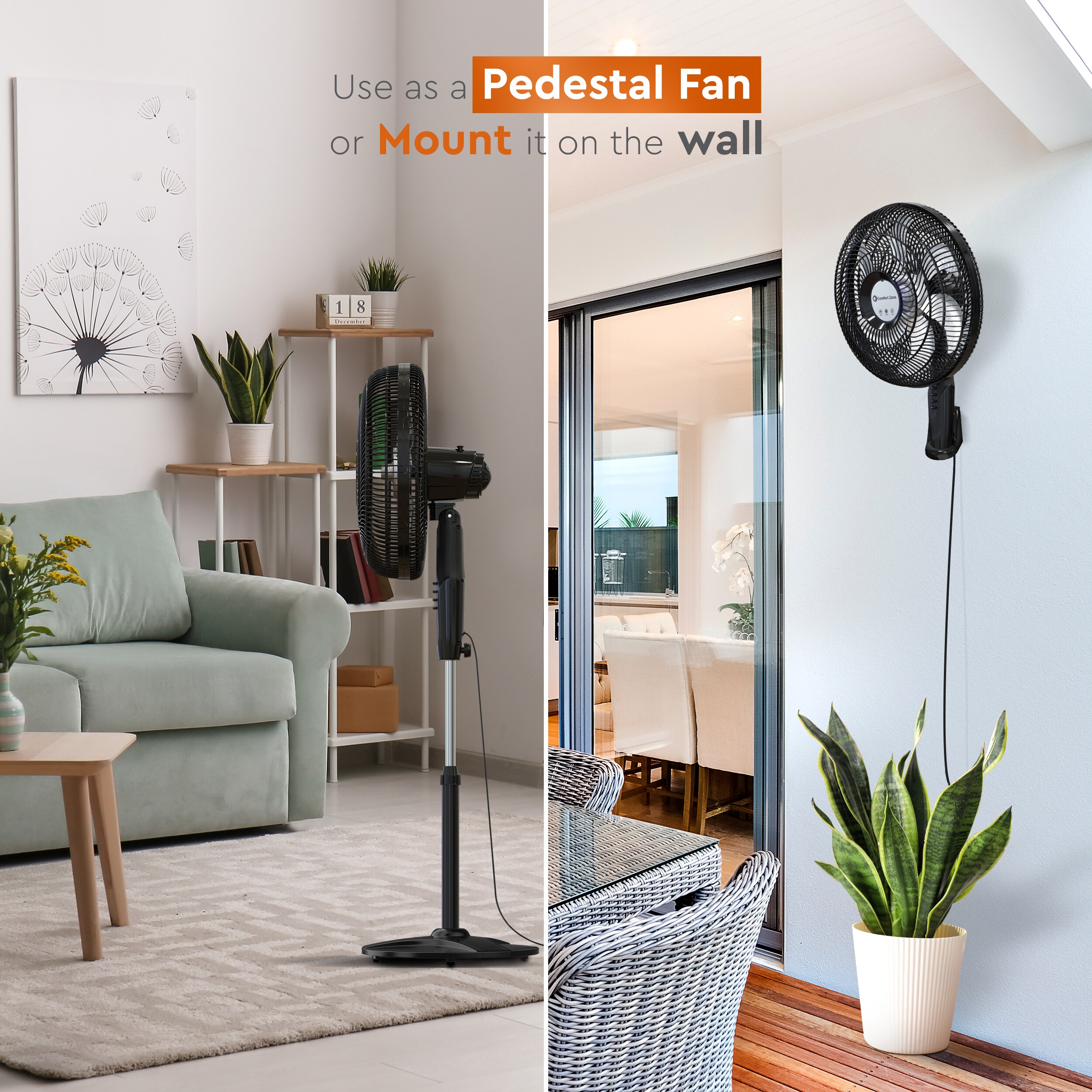 Comfort Zone 18-in 3-Speed Indoor Black Pedestal Fan