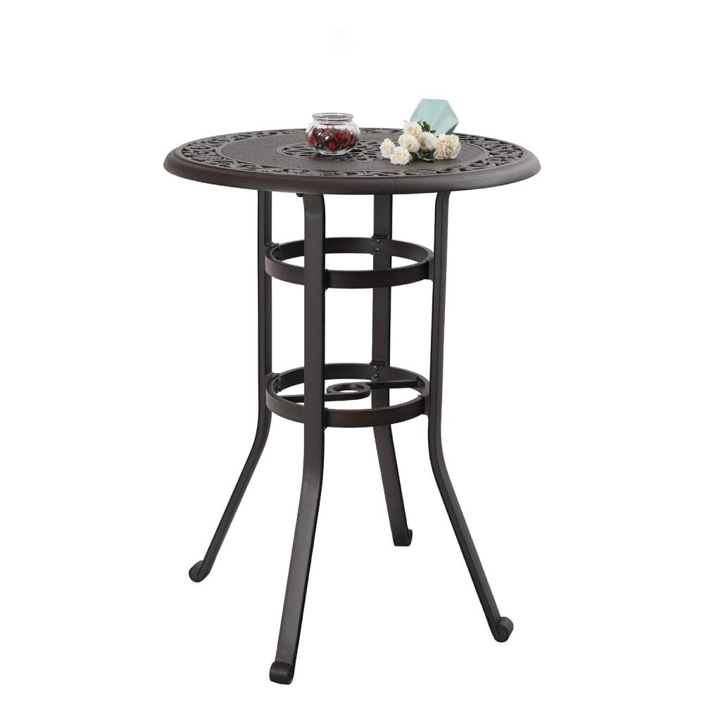 Patio Bar Height Table Outdoor Metal Frame Bistro Table with Umbrella Hole 