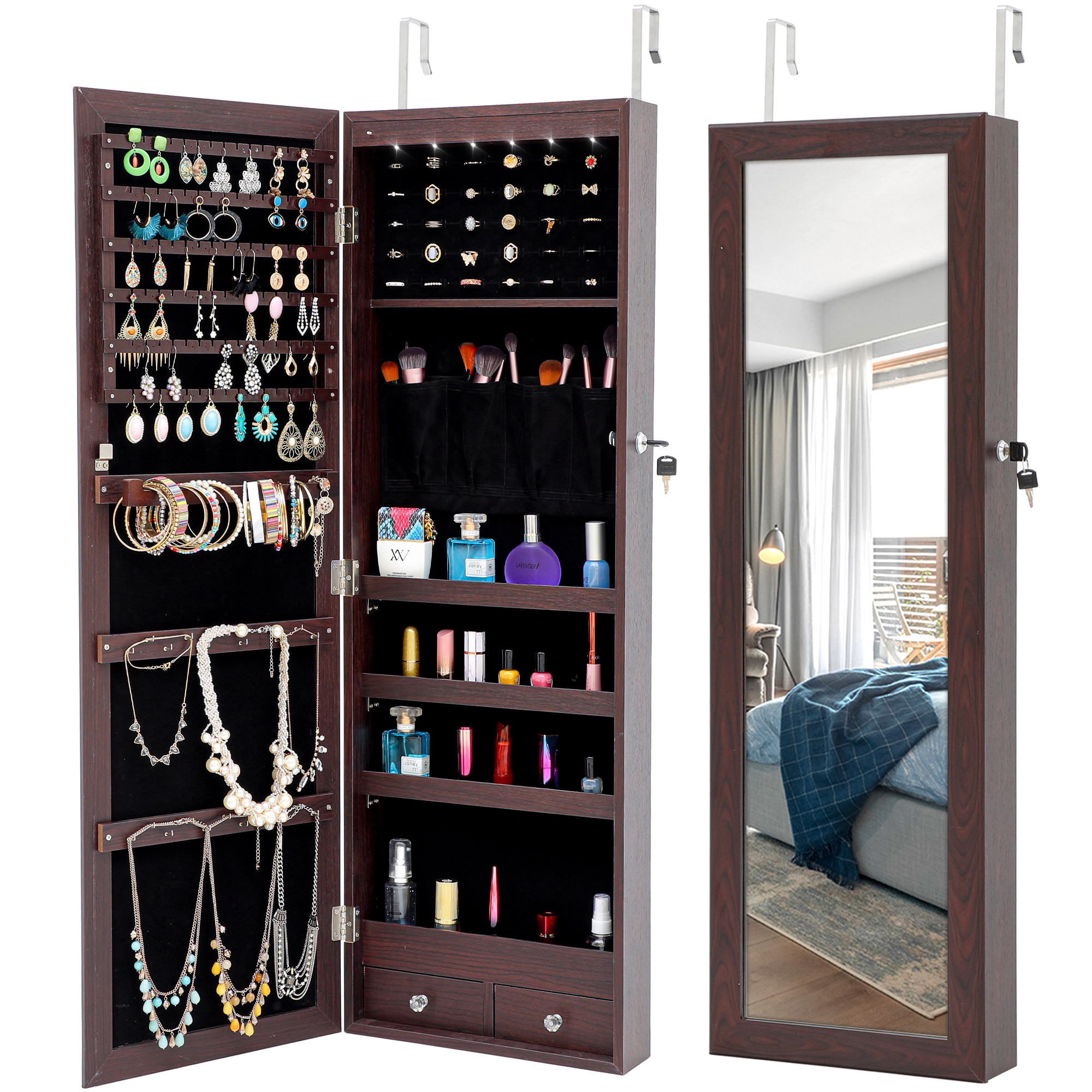 Mirrored Modern Jewelry Cabinet Armoire Organizer Storage LED Lights W/ Stand 