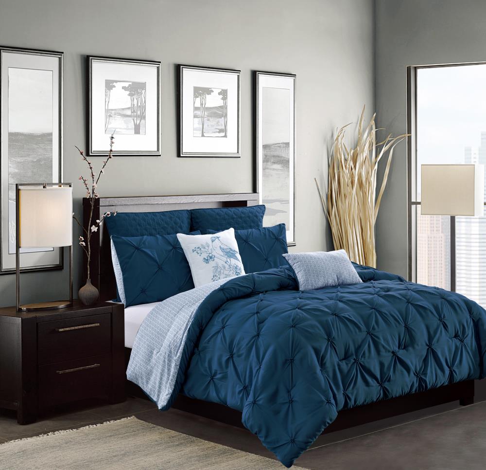 7-Piece Breathable Bedding Comforter Set Luxury Bed In A Bag Queen Beige & Blue 