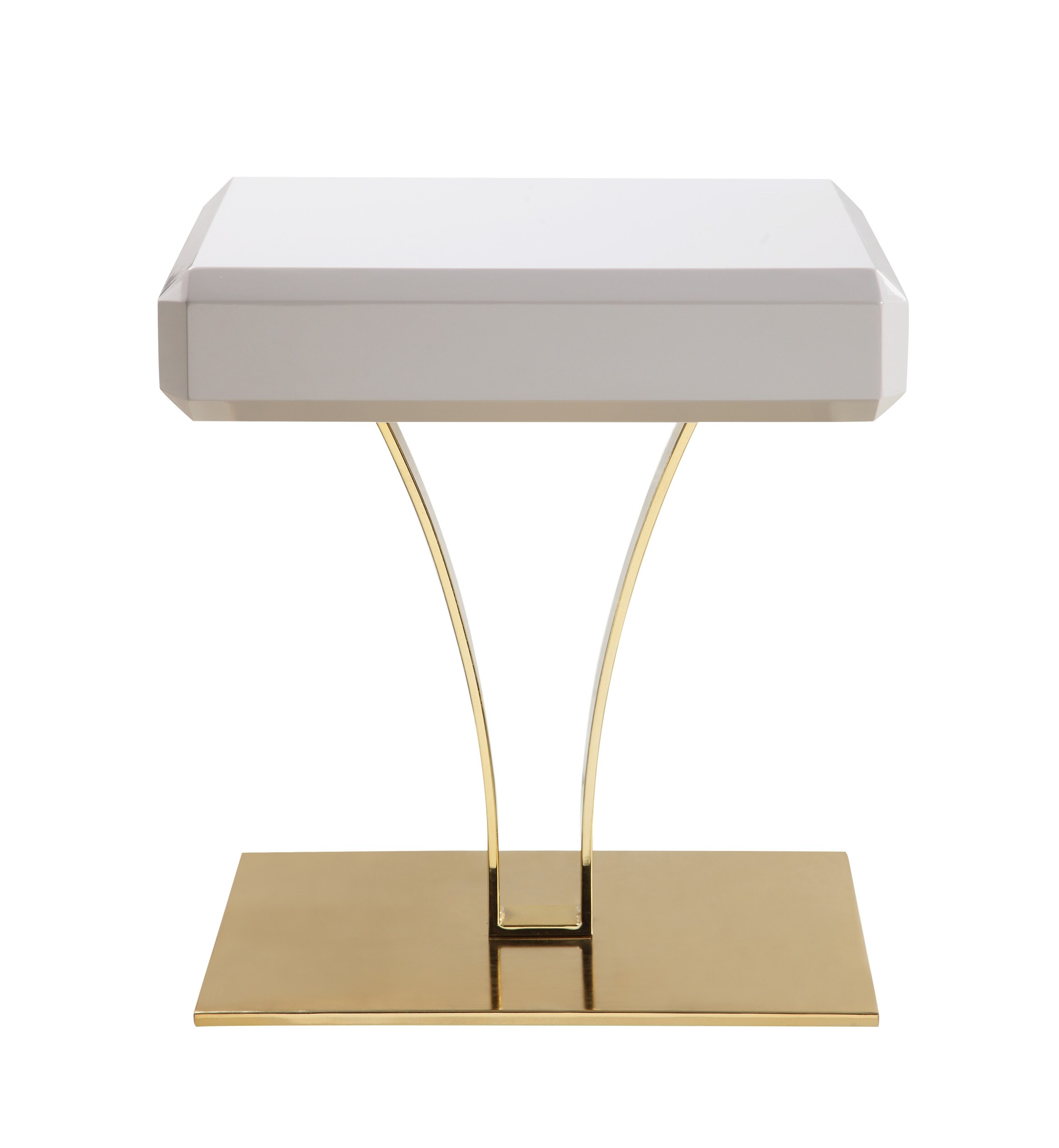 Beige Iconic Home Rochelle Nightstand Side Table with Self Closing Drawer Gold Plate Metal Stem Base Modern Contemporary 