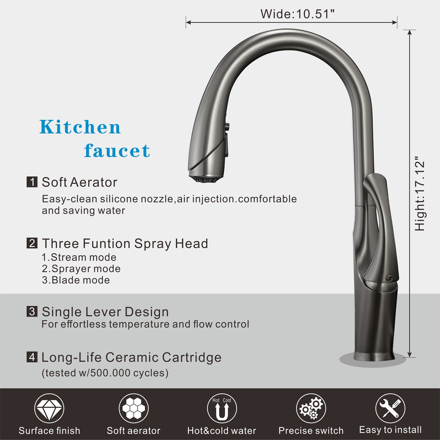 Pouuin Ob Gunmetal Single Handle Pull-down Kitchen Faucet with Sprayer Function