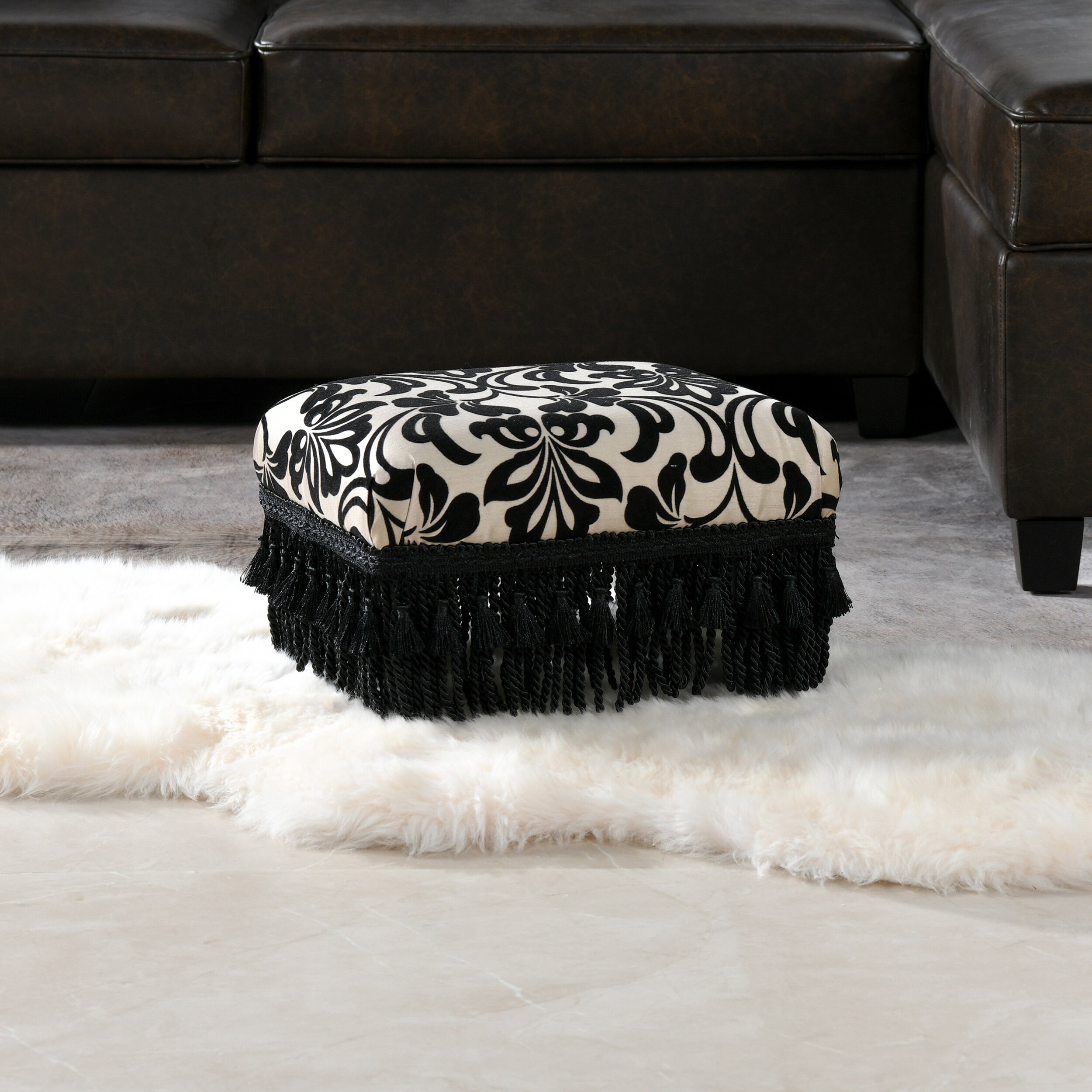 Jennifer Taylor Home Fiona Collection Traditional Style Upholstered Fringed and Tasseled Rectangular Wood Framed Footstool Neutral