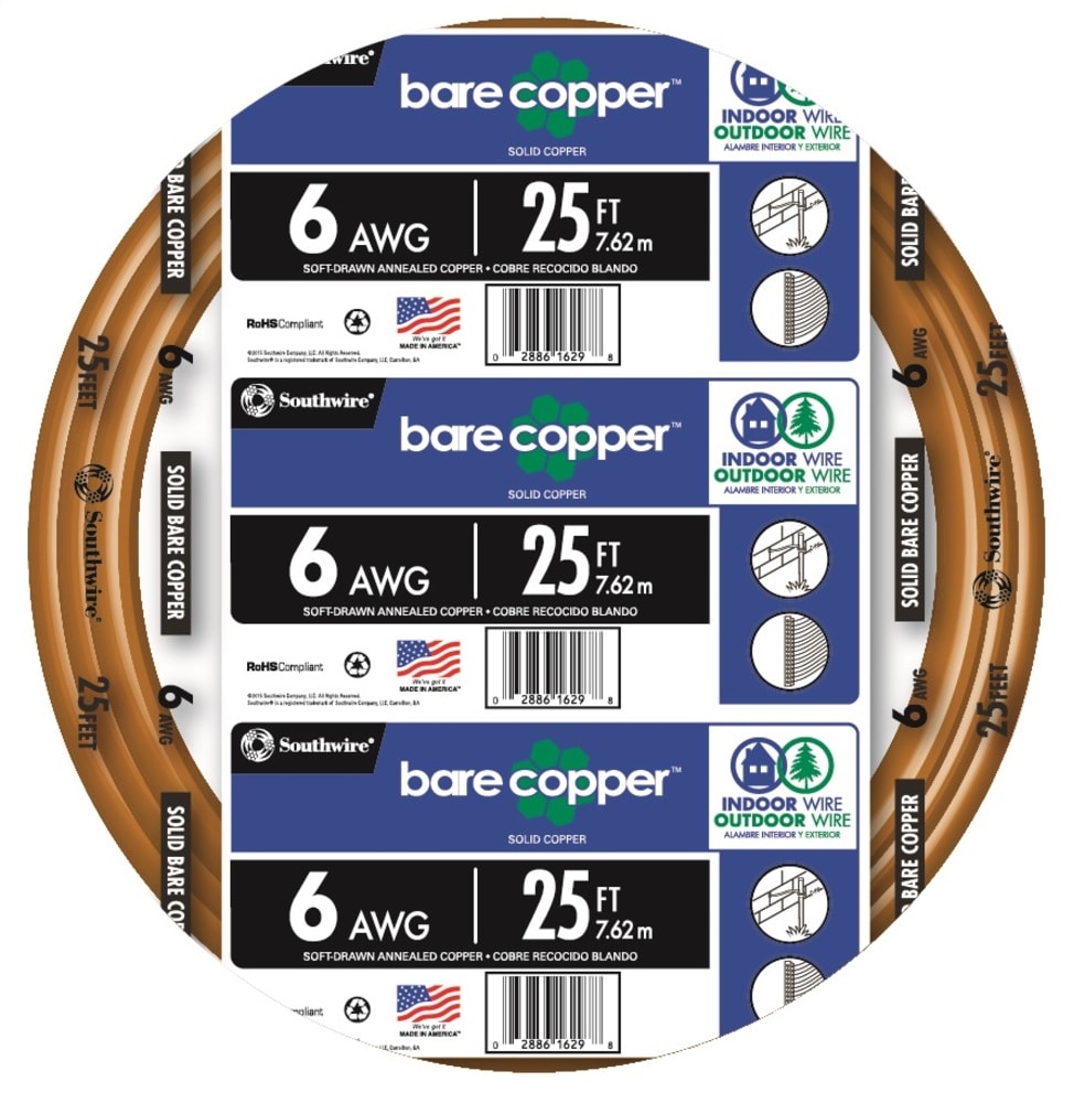 Bonding POOL GROUND WIRE SOLID BARE COPPER 6 AWG 100' FEET 