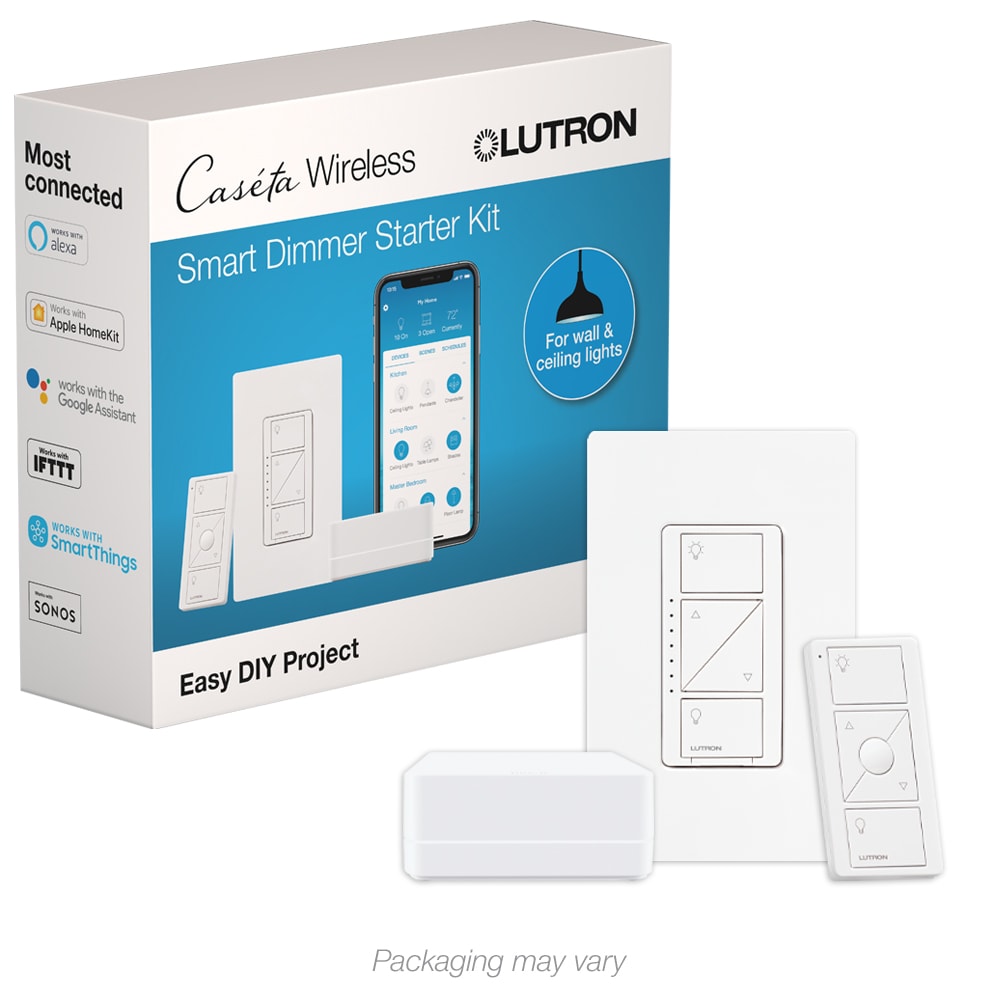Lutron Caseta Lighting Single-pole/3-way Smart with LED Decorator Light Dimmer Starter Kit with Smart Hub with Wall Plate, White in the Light Dimmers department at Lowes.com