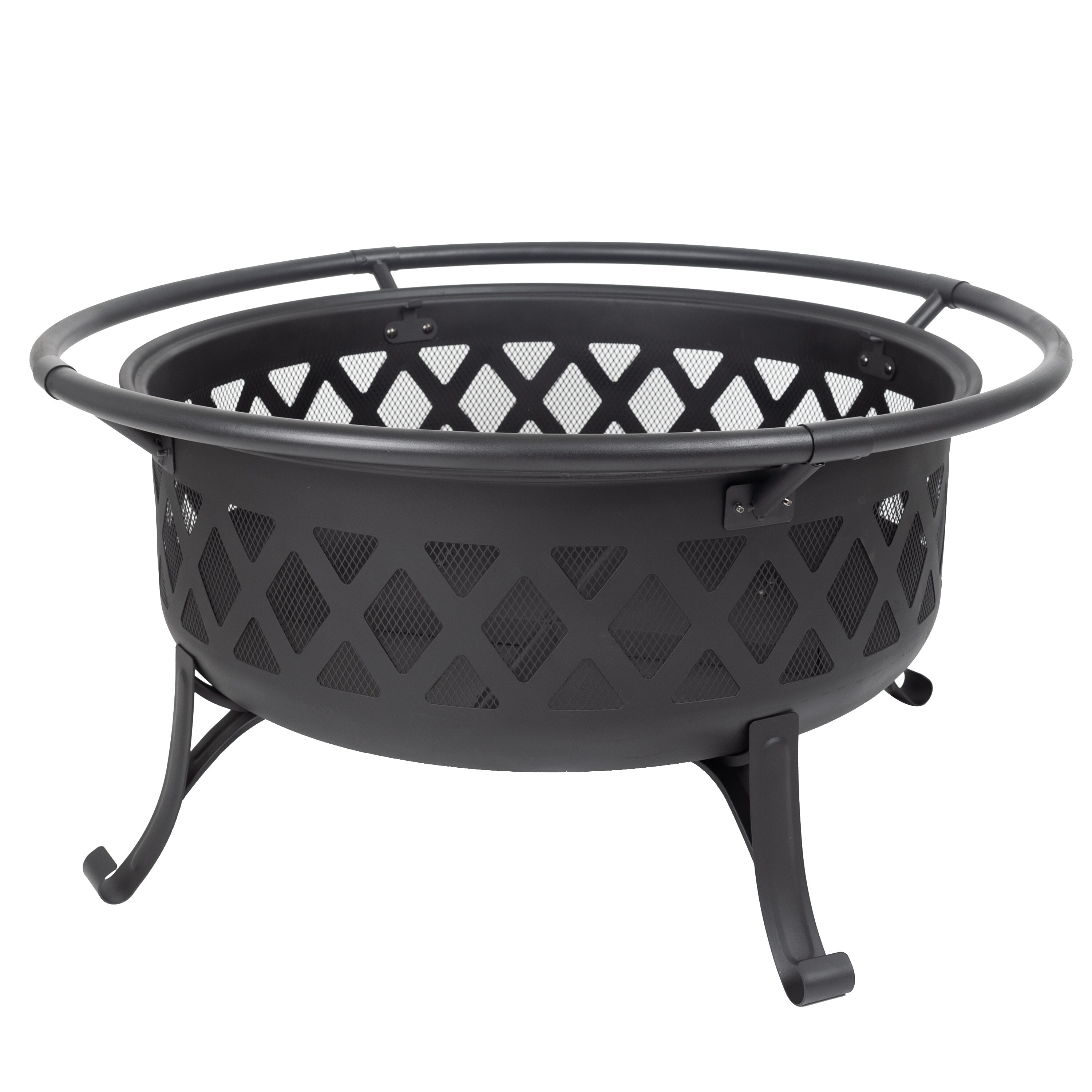 Wood-Burning Fire Pit 35-in Round Bowl Black Steel Spark Screen w/Cover New 