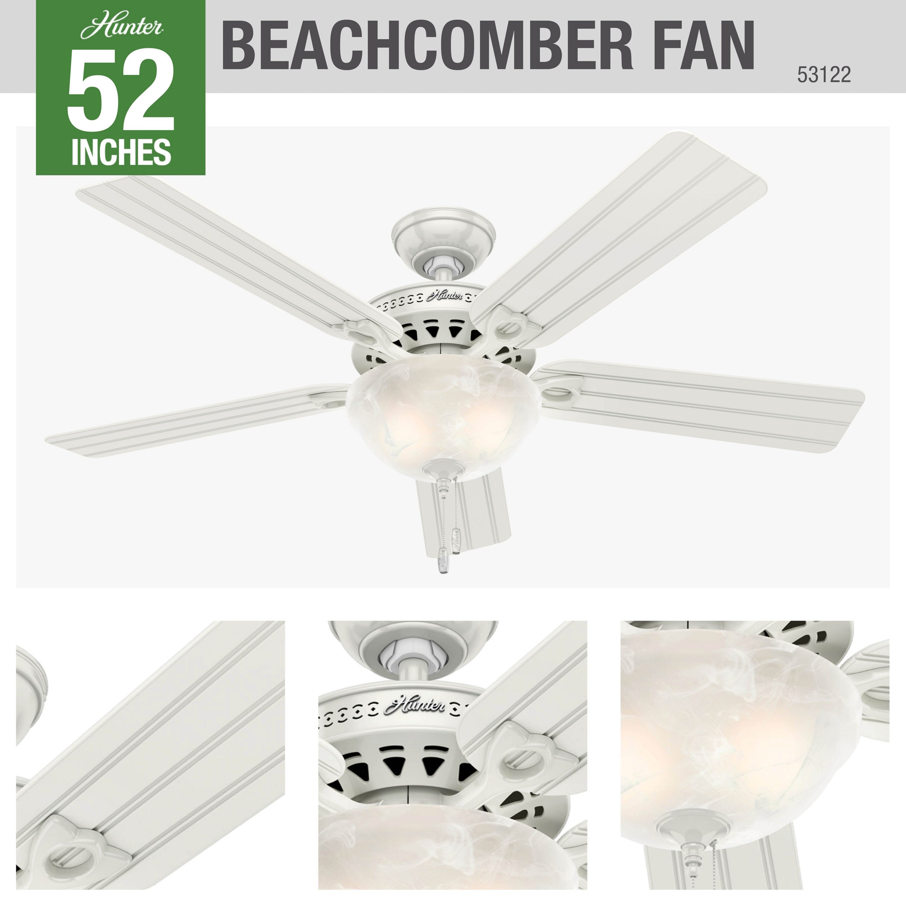Details about   Hunter Beachcomber 52" Indoor/Outdoor Ceiling Fan w/ Light and Pull Chain White 