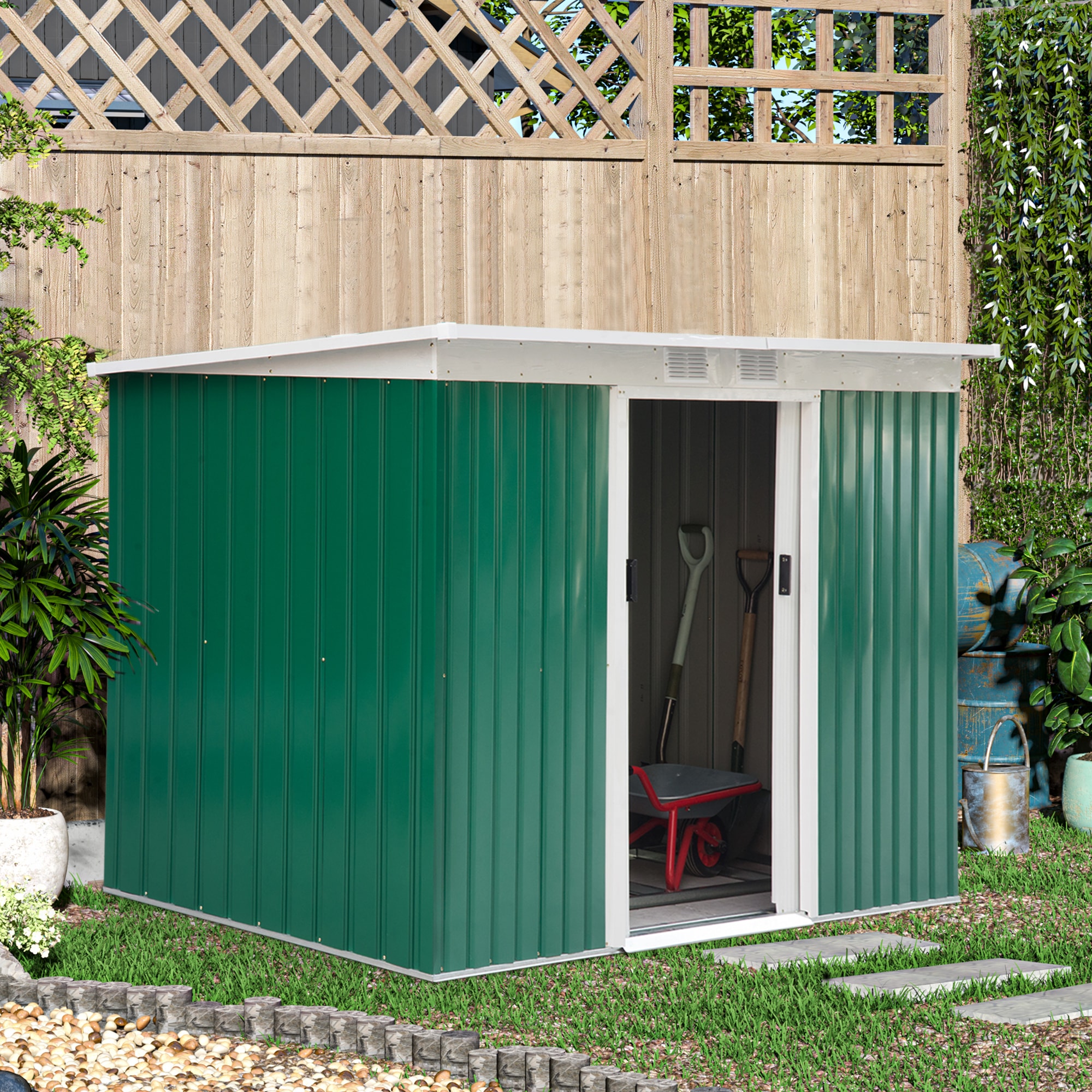 Green & White Godyluck 9 x 4 Outdoor Metal Garden Storage Shed with Double Sliding Doors and 2 Vents for Lighting and Airflow