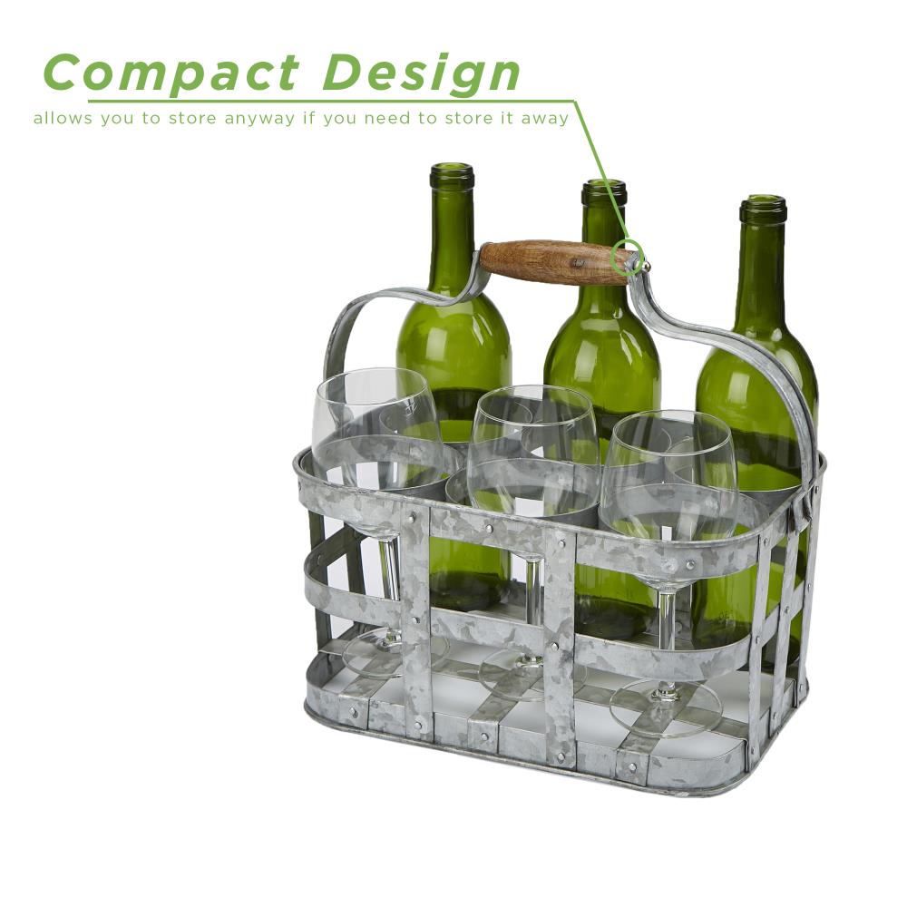 Wine Bottle Rack Carrier with Carrying Handle 6 Galvanized Tin Metal 