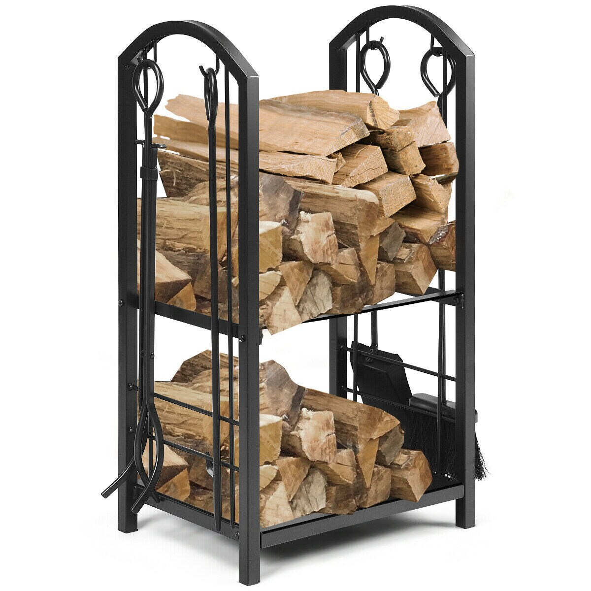 Fire Log Rack Outdoor Firewood Storage Holder Carrier Wrought Iron Black Curved 