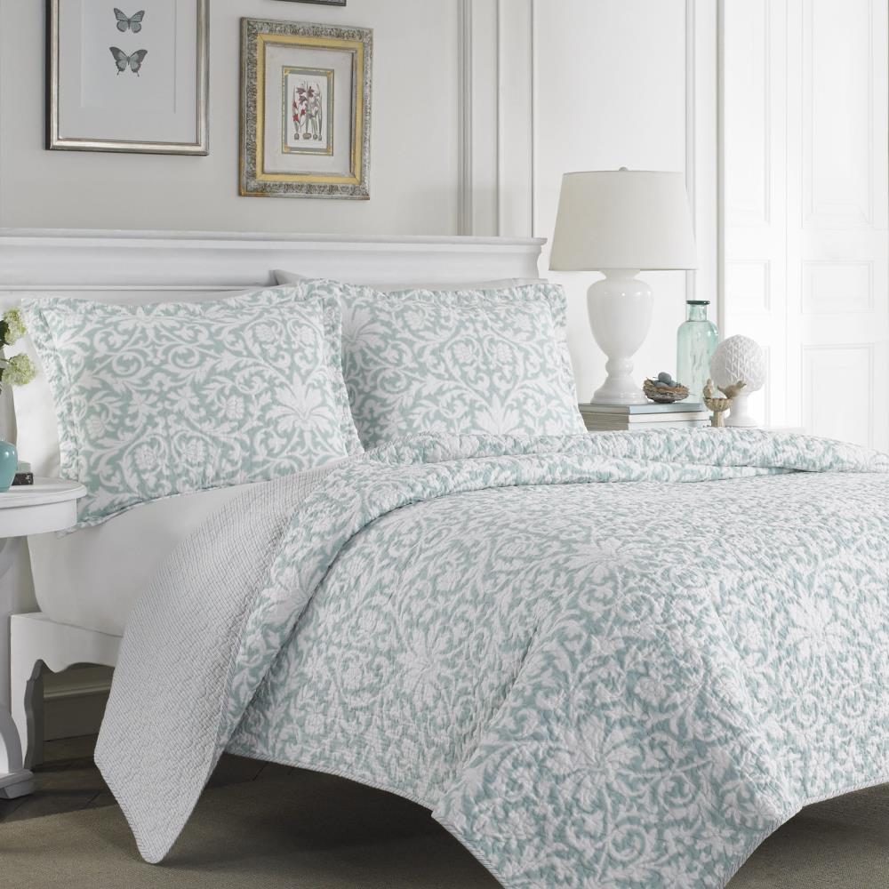 Laura Ashley Turquoise Floral Cotton Bedspread Quilt Bedding Set/Twin 