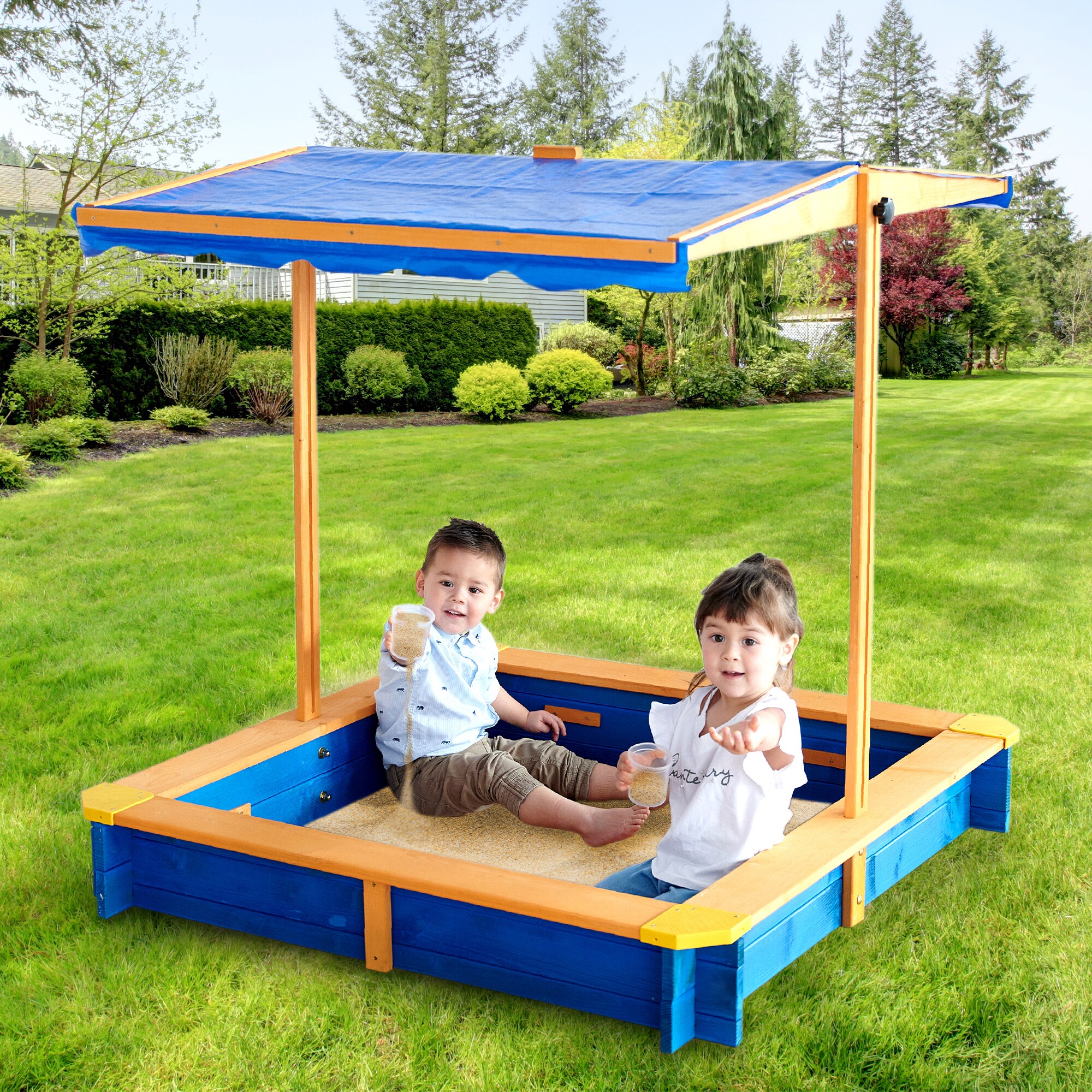 Teamson Kids Outdoor Summer Sandbox with Canopy Natural/Blue 