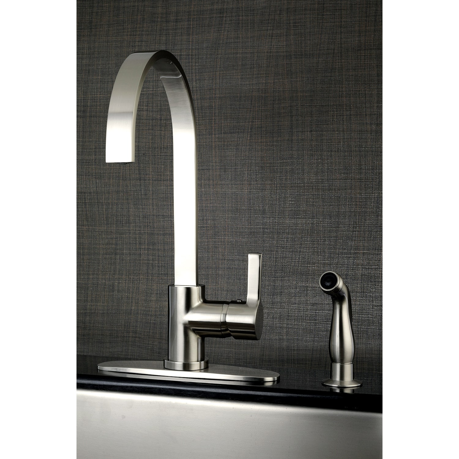Kingston Brass Continental Brushed Nickel Single Handle High-arc Kitchen Faucet with Sprayer Function (Deck Plate Included)