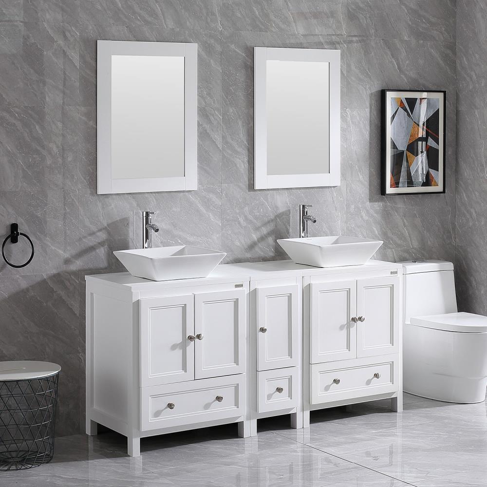 Wonline 60 In White Double Sink Bathroom Vanity With White Wood Top Mirror And Faucet Included