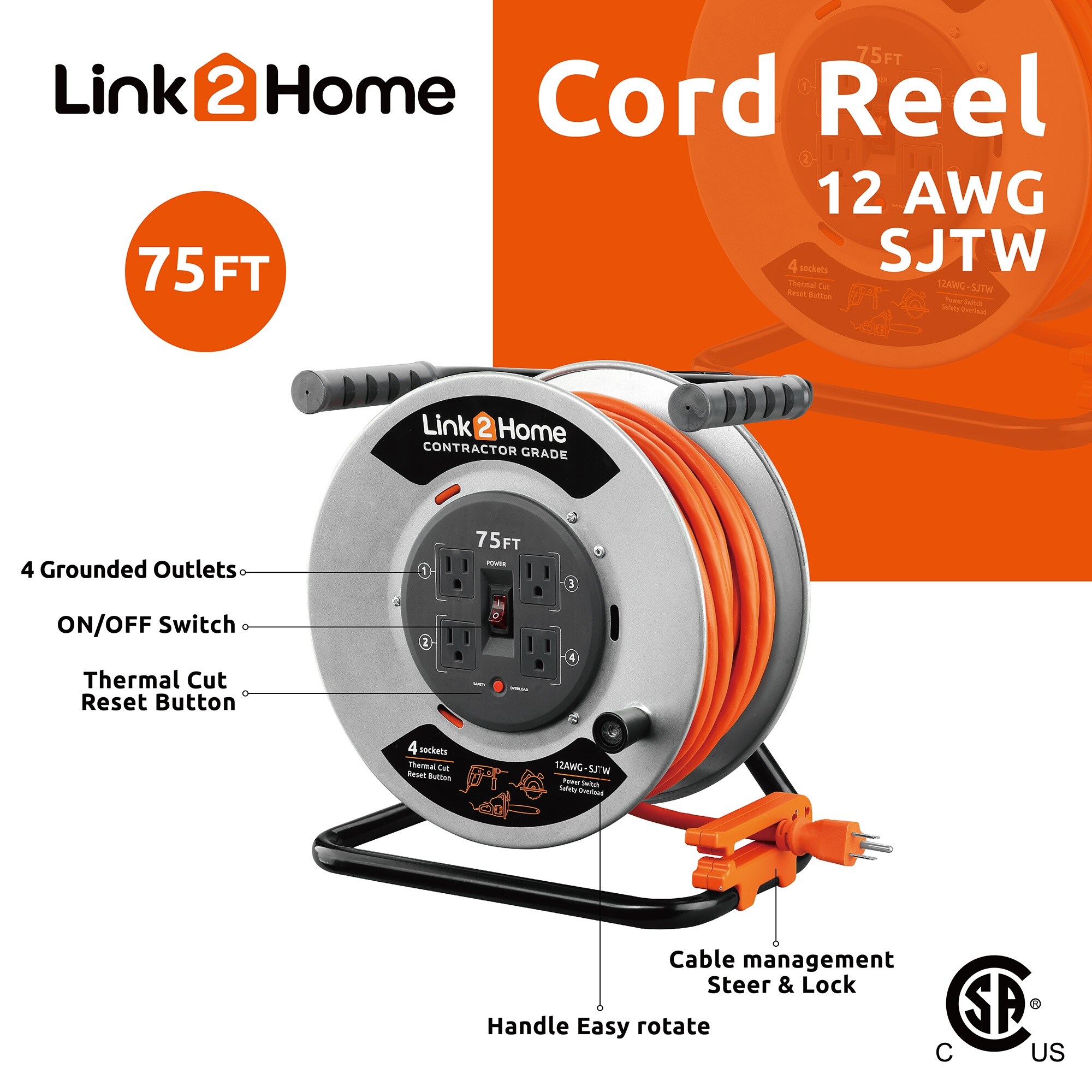 LINK2HOME Link2Home cord reel 75-ft 12 / 3-Prong Indoor Sjtw Heavy Duty General Extension Cord