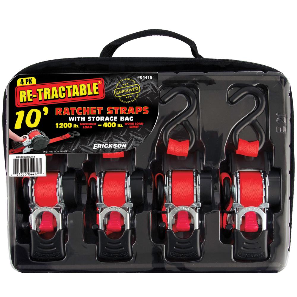 1 in x 10 ft Securing Straps 1200 Pounds Red Pack of 4  Ratchet Tie Down Straps 