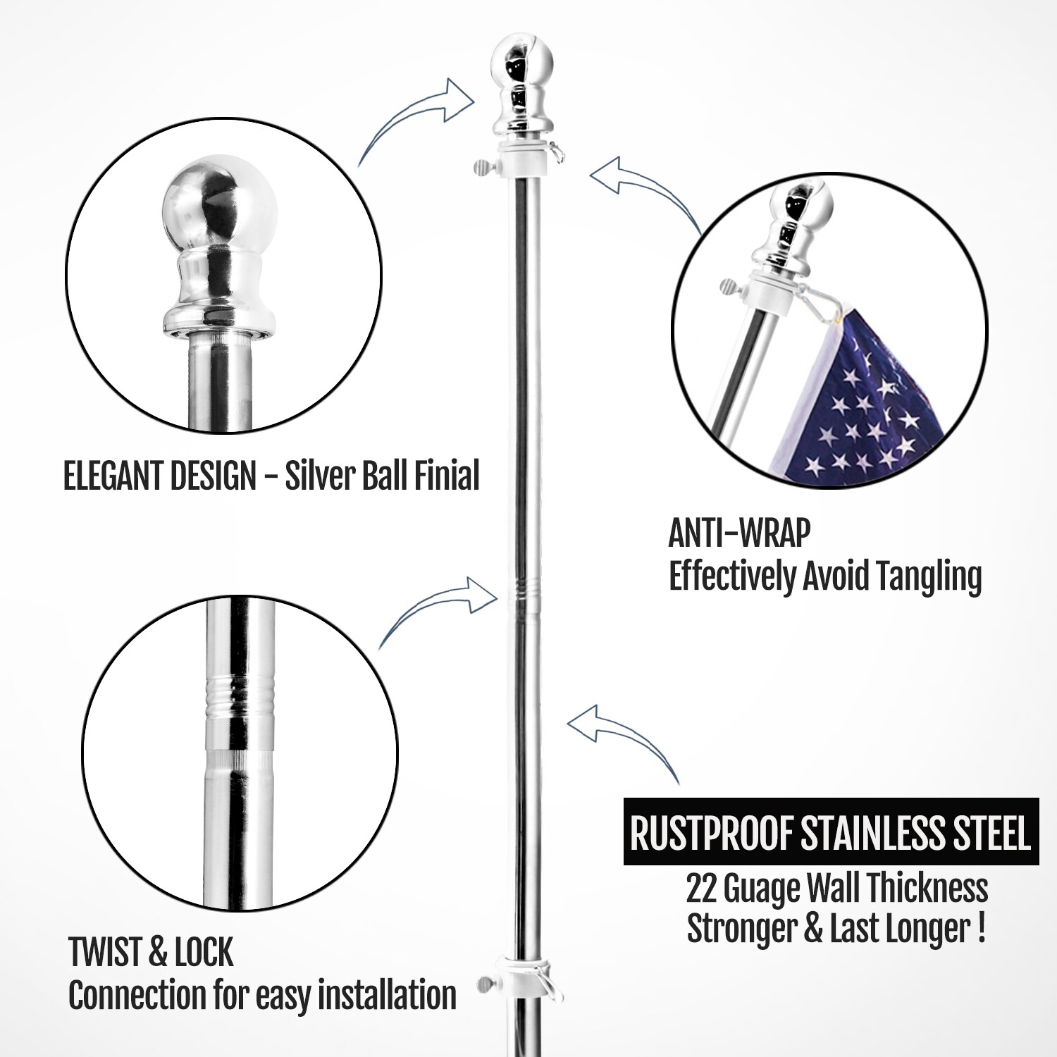 Flag Pole Kit,4-8 FT Bracket Stainless Steel Tangle Free Adjustable Flag Pole 