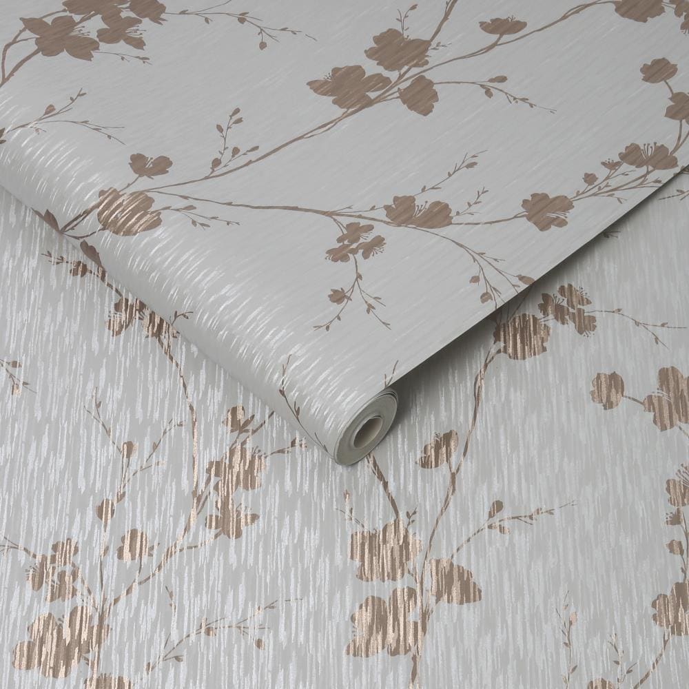 Graham And Brown Theia 56 Sq Ft Grey Rose Gold Vinyl Textured Floral Unpasted Paste The Paper