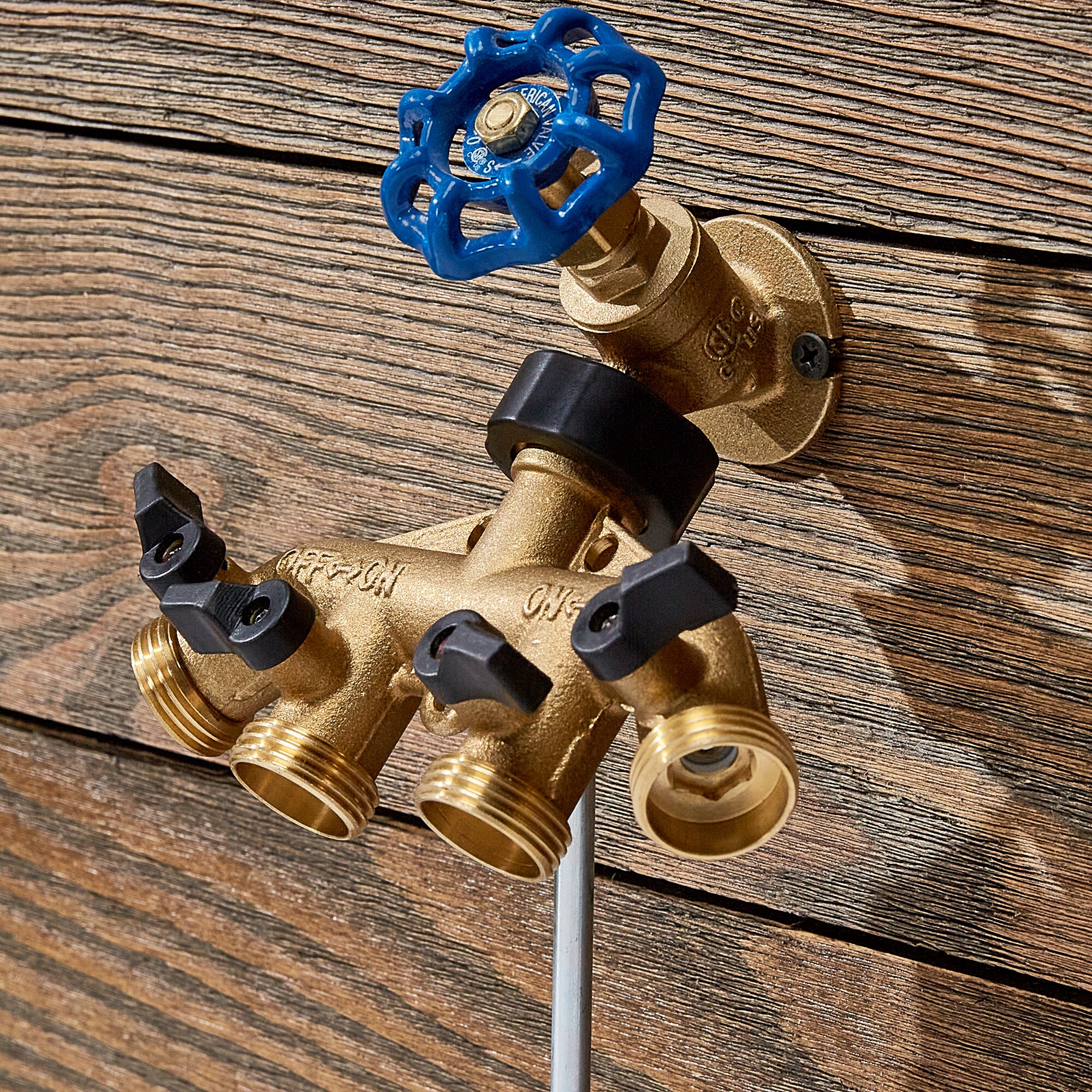 1# 4 Way Brass Garden Hose Splitter Heavy Duty Garden Tap Hose Adapter Nozzle Switcher Connector with 4 Shut-Off Valves for Garden Irrigation Watering
