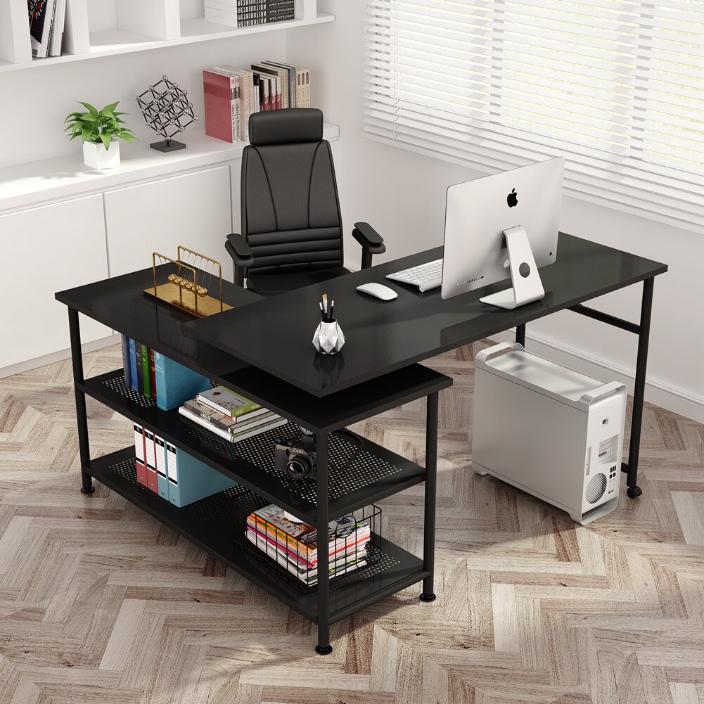 Modern L-Shaped Desk with Bookshelf Drawing Table w/ Tiltable Thickened Planks 