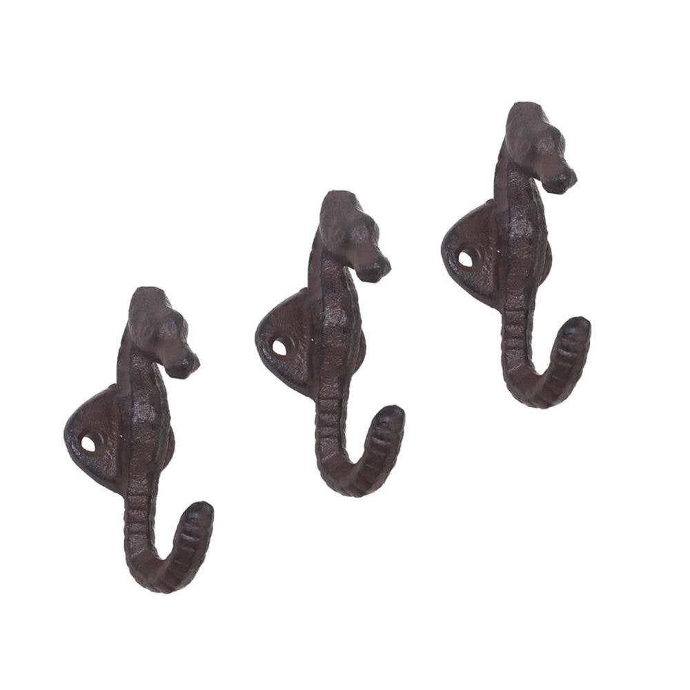 Pair of Brown-Tone Cast Iron 5” Tall Seahorse Nautical Wall Hooks 