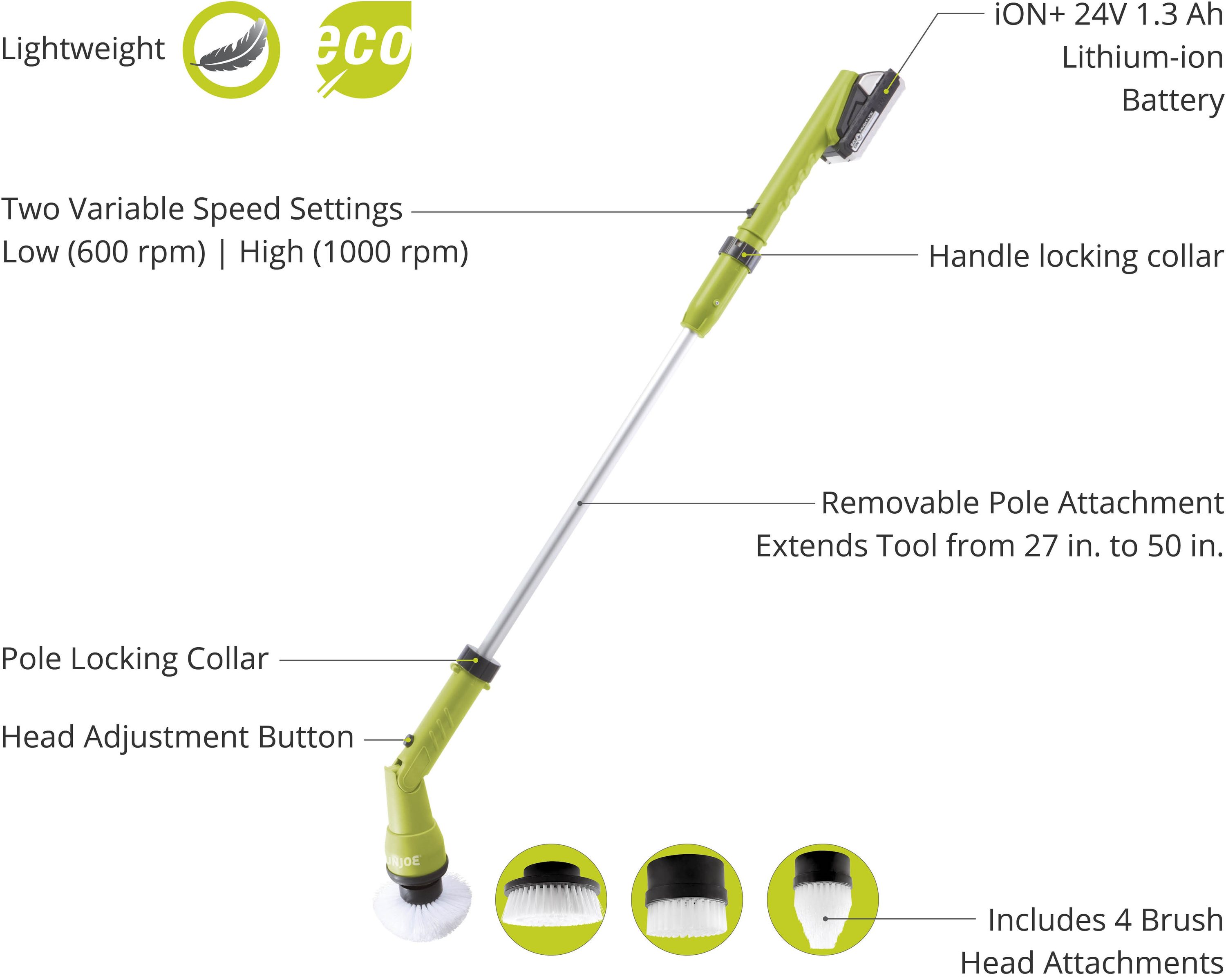 Cordless Handheld 360-Degree Spin Scrubber Sun Joe 24V-PWSCRB-LTW 24-Volt iON 