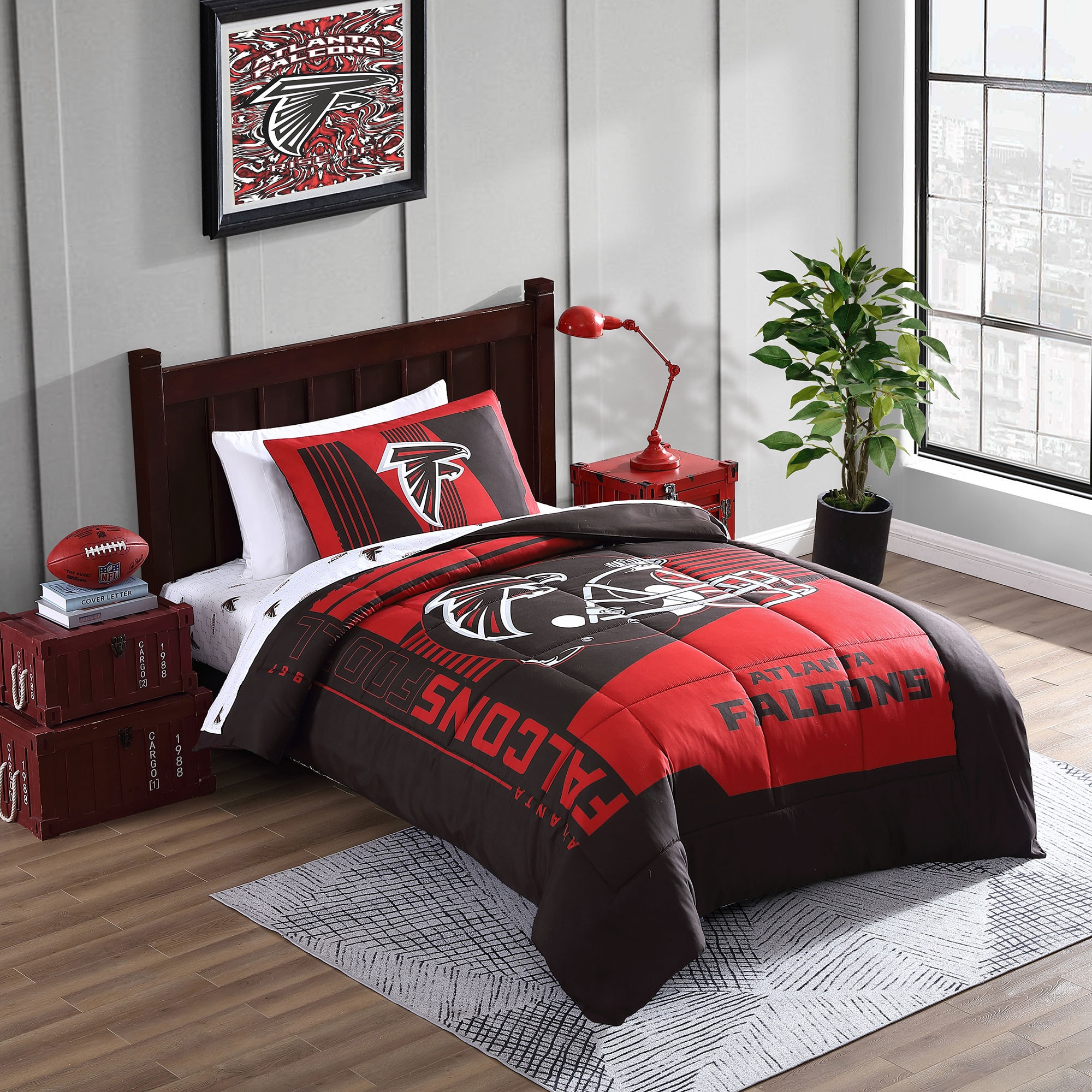 Matching Curtains 72" Drop Football Red Double Duvet Cover and Pillowcase Set 