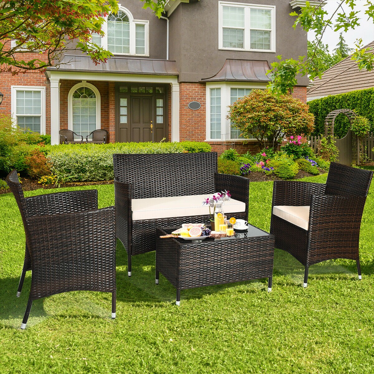 Poolside and Backyard Manual Weaving Conversation Set for Garden w/Tempered Glass Coffee Table Lawn Gray DORTALA 4-Piece Rattan Patio Furniture Set Outdoor Sofa Table Set w/Thick Cushion 
