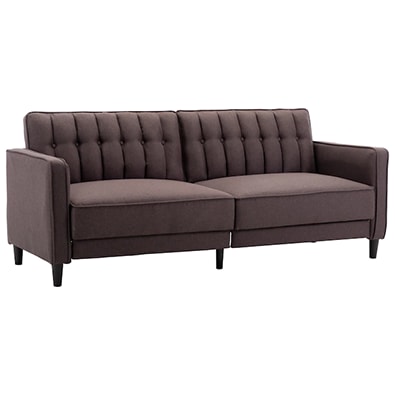Brown fabric reclining sleeper sofa.