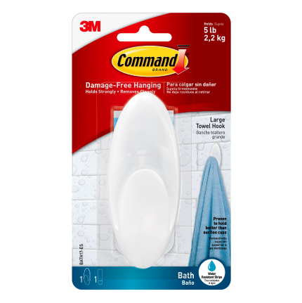 A white Command bath hook in red, white and blue packaging.