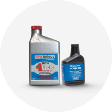 A bottle of pro select 4-cycle engine oil and a bottle of Husqvarna 2-cycle engine oil.