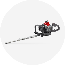 A black and yellow gas-powered hedge trimmer.