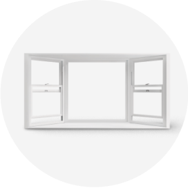 A white bay window with the side panels open.