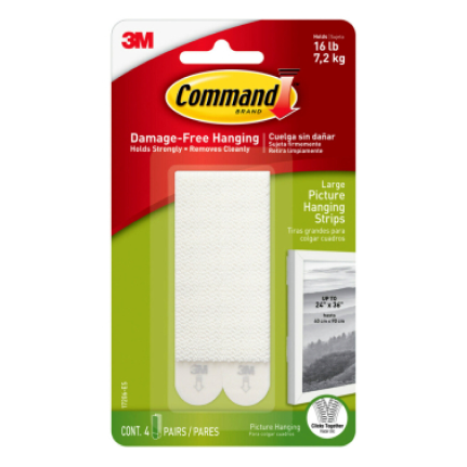 White picture hanging Command strips in red and green packaging.