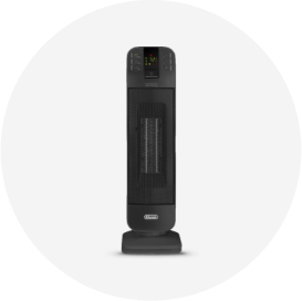 A tall thin black electric space heater.
