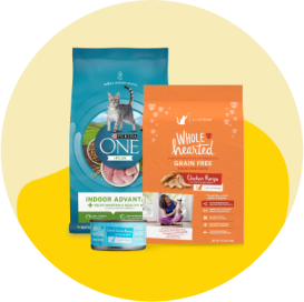 Two bags of dry cat food and one can of wet cat food.