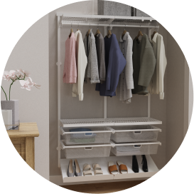A white wire closet organizer with a hanging rod, 4 storage drawers and a shoe rack.