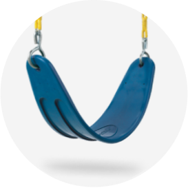 A blue swing seat with a yellow coated chain.