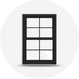 A black double-hung window with six panes.