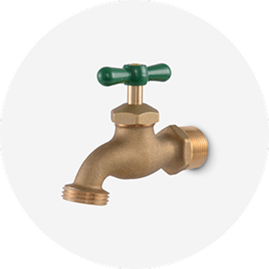 A brass multi-turn hose bibb.