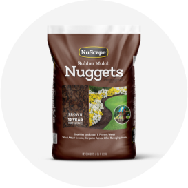 A bag of NuScape dark brown rubber mulch nuggets.